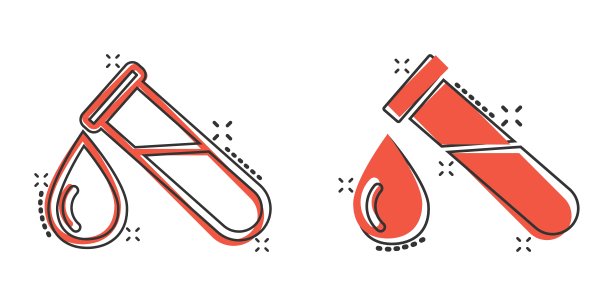 血液在试管图标在漫画风格。实验室烧瓶卡通载体插图孤立的背景。烧杯中液体飞溅效果标志经营理念。图片下载