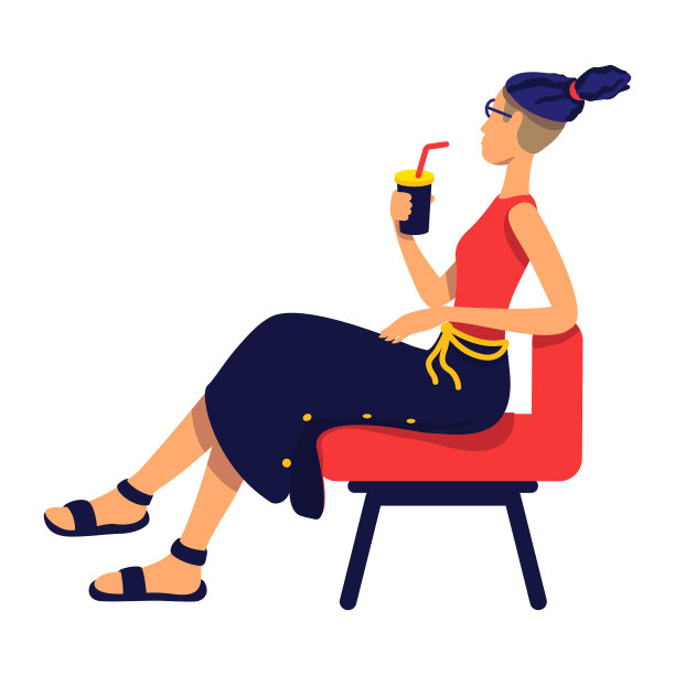 时尚的女人带着鸡尾酒饮料坐在椅子上半平的颜色矢量字符图片下载