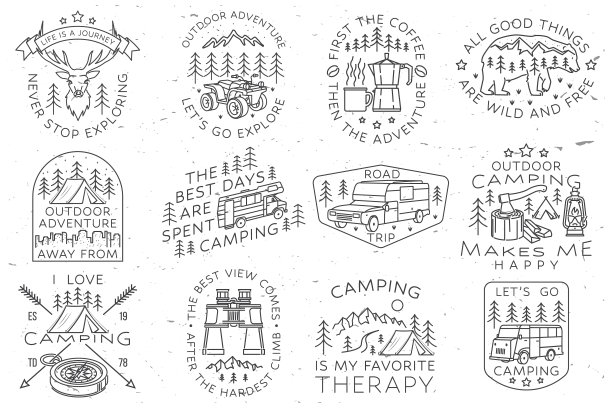 一套露营徽章，补丁。矢量插图。为衬衫或图标的概念，印刷，邮票或t恤。复古线条艺术设计与房车，望远镜和森林。图片下载