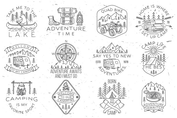 一套露营徽章，补丁。矢量插图。为衬衫或图标的概念，印刷，邮票或t恤。经典的线条艺术设计与熊在独木舟，湖和森林。图片下载