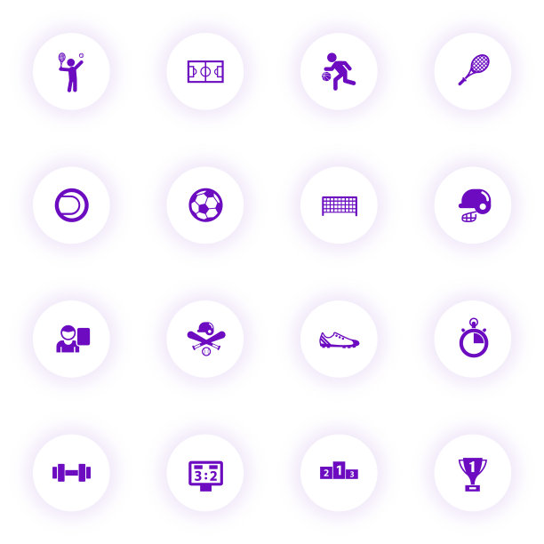 运动紫色矢量图标在光圆形按钮紫色阴影。体育图标设置网页，移动应用程序，UI设计和打印图片下载