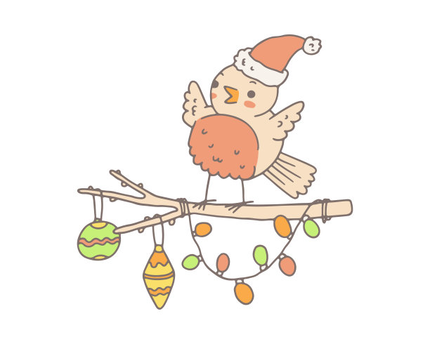 有趣的鸟在圣诞老人的帽子坐在树枝上与圣诞装饰，卡通矢量插图孤立在白色。图片下载
