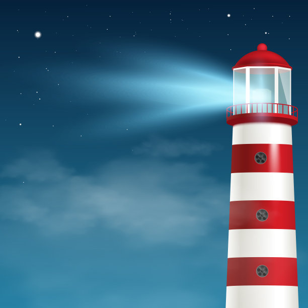 夜空与海上灯塔或灯塔塔，现实的矢量插图。图片下载