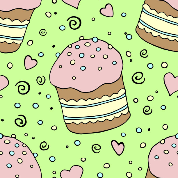 向量无缝模式与复活节蛋糕，甜面包或松饼。色彩缤纷的春天背景和纹理与传统食品卡通涂鸦平面风格图片下载