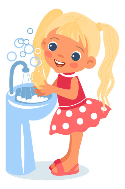 微笑的女孩在水盆里洗手。卡通的孩子图片下载