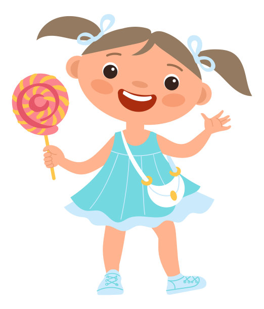 拿着棒棒糖的滑稽女孩。可爱的卡通小孩拿着糖果图片下载