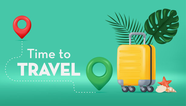 带着旅行箱，热带树叶和gps点的概念旗帜。逼真的矢量插图在3D卡通最小的风格图片下载