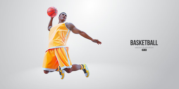 现实的剪影一个篮球运动员在行动孤立的白色背景。矢量图图片下载