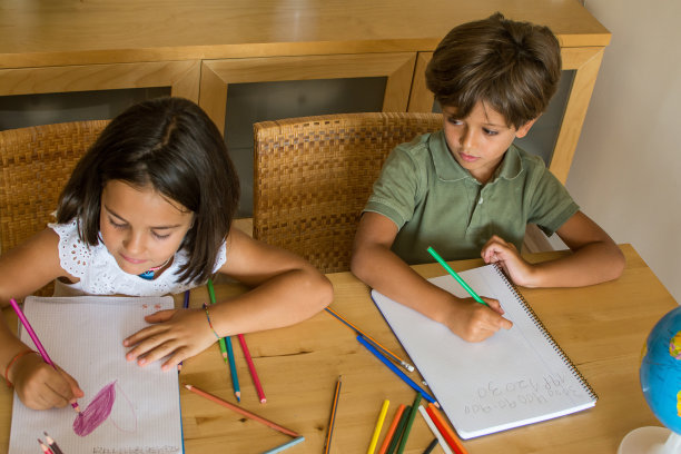 6岁的男孩和女孩在家里的客厅里做作业。图片下载