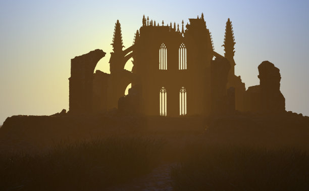 被毁的教堂在迷雾的乡村。3 d渲染。图片下载