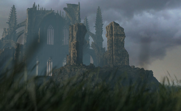 在阴暗多云的天空下，一座古老的教堂被毁在雾蒙蒙的乡村里。3 d渲染。图片下载