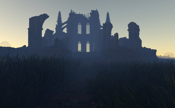 被毁的地方崇拜在迷雾的乡村在日落。3 d渲染。图片下载