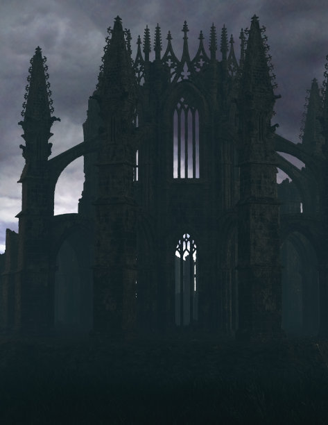 阴暗多云的天空下，乡村一座古老教堂的废墟。3 d渲染。图片下载