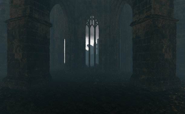 在迷雾笼罩的乡间，一座古老的教堂废墟的柱子和拱门。3 d渲染。图片下载