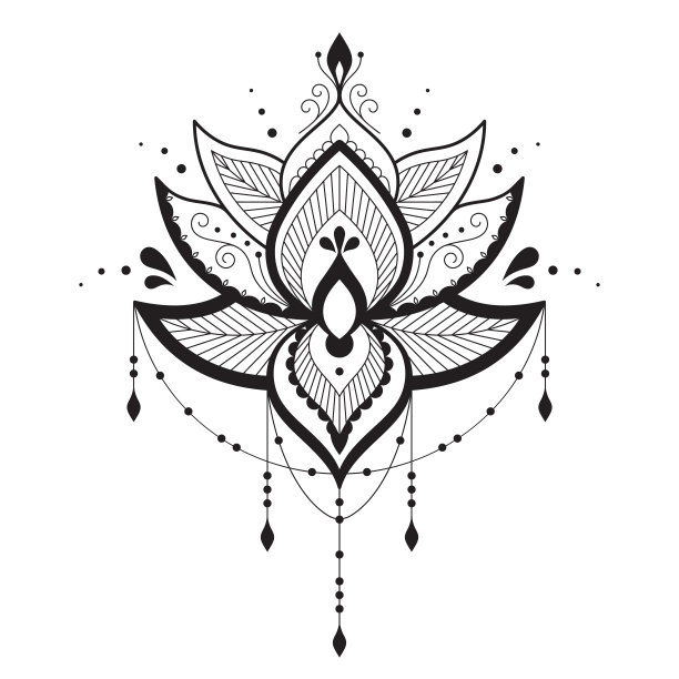 荷花对称刺青。黑白轮廓矢量插图。图片下载