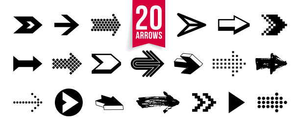 箭头符号大集合的不同形状样式和概念，光标图标或标志创建，单色单色标志类型。图片下载