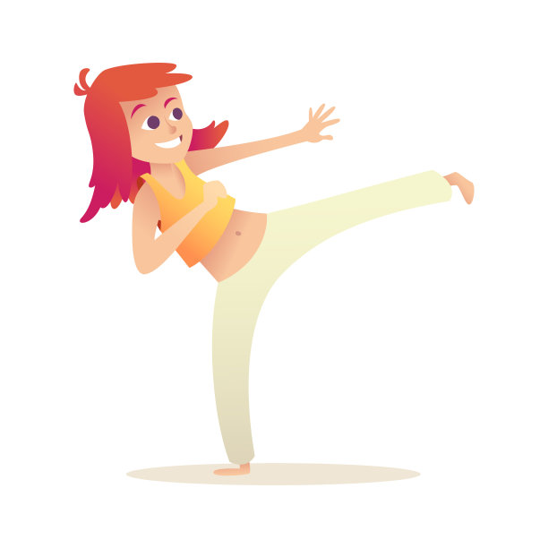 孩子们练习卡波韦拉舞和踢腿。红头发的女孩喜欢做运动，摆出好战的姿势。图片下载