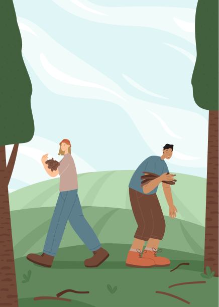 徒步旅行者收集干燥的树枝为火矢量插图。旅行者在野外的概念。帮助和团队合作图片下载