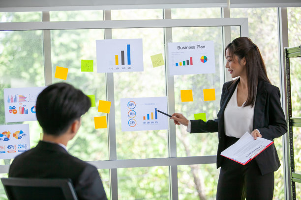 业务团队男同事和女同事介绍同事一起在玻璃板上工作。图片下载