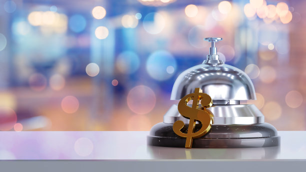 彩色背景上的美元符号和接待钟，图片下载