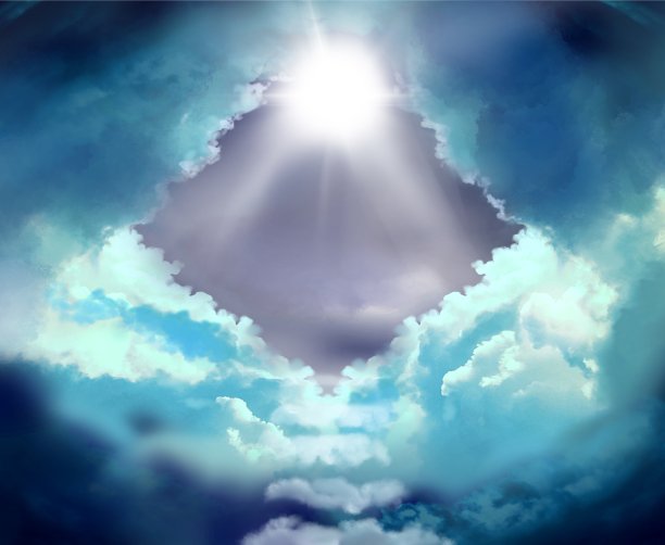 三只白鸽绕着云梯飞翔，通向闪亮的天空，云朵的背景映衬着美丽的蓝天图片下载