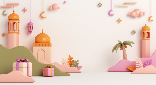 伊斯兰装饰背景与新月，灯笼，礼盒，叶卡通风格，斋月kareem, mawlid，开斋饭，isra miraj，开斋节，穆哈兰，拷贝空间，3D插图。图片下载