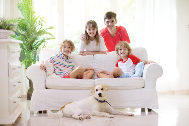 孩子们在沙发上玩和看电视。孩子在家里。图片下载