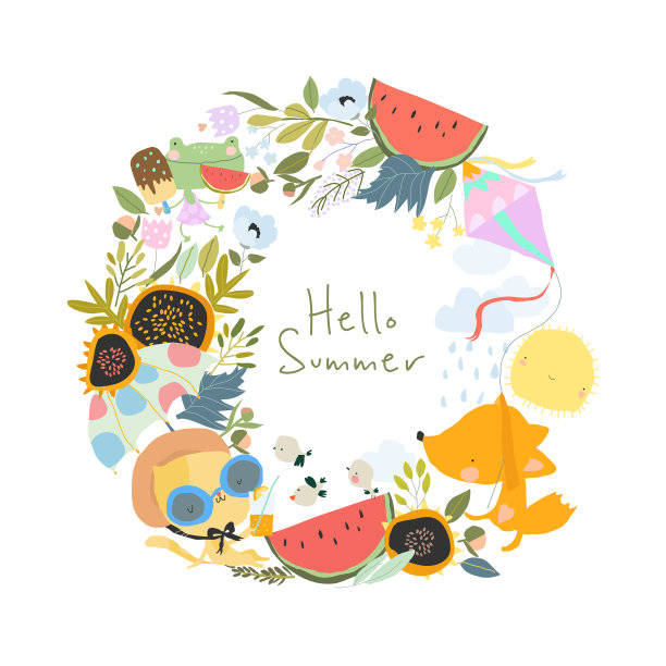 可爱的卡通花环与动物会见夏天图片下载