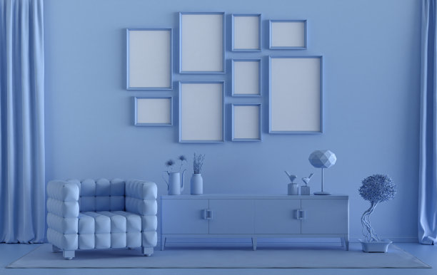 现代室内平面浅蓝色房间家具和植物，画廊墙壁模板与9个框架墙上的海报呈现，3d渲染图片下载