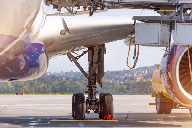 轮胎橡胶轮胎后起落架架飞机，机翼视图下。图片下载