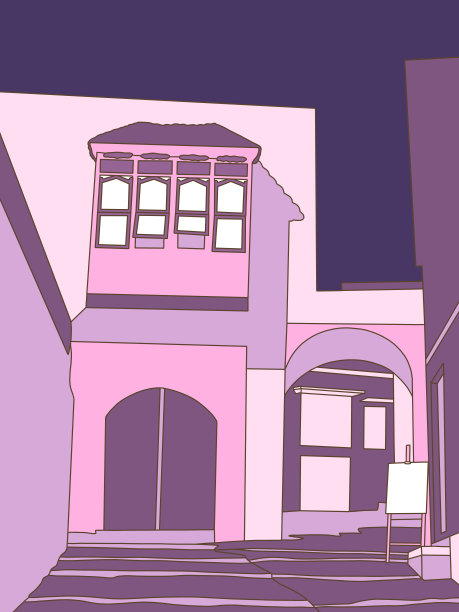 淡紫色和粉红色色调的东方房屋的插图。图片下载