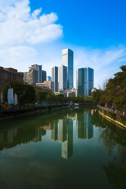 下午，成都大桥边的城市天际线图片下载