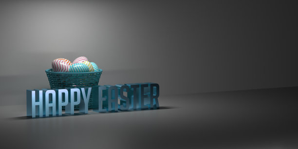 快乐的复活节文本在蓝色的字母和篮子的美丽条纹复活节彩蛋图片下载