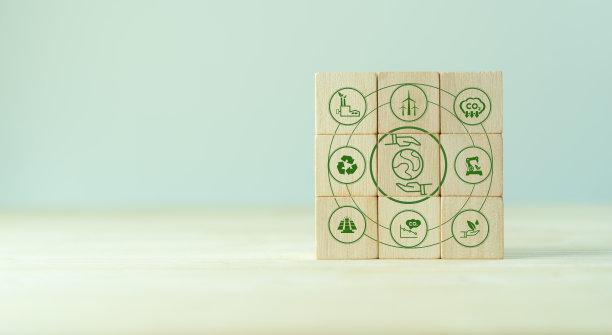 环境可持续发展的概念。节约地球和环境，净零排放和碳中和。木制立方体与拯救世界和生态友好的图标。世界地球日。生态友好的公司。图片下载