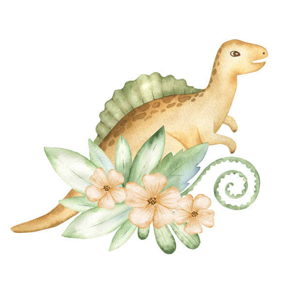 水彩可爱的恐龙与热带绿色植物图片下载