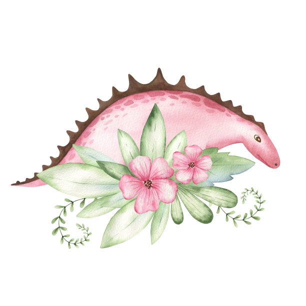 水彩可爱的恐龙与热带绿色植物图片下载