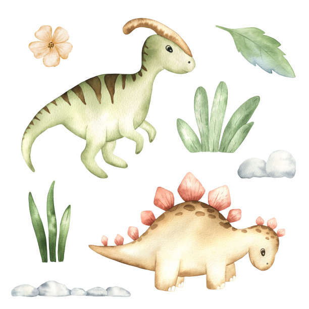 水彩可爱的恐龙与热带绿色植物图片下载