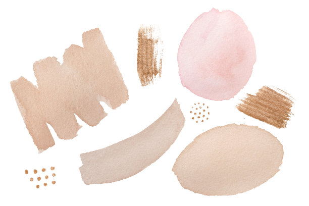 抽象水彩图形插图。粉彩画笔设置和金色元素切割在白色上图片下载
