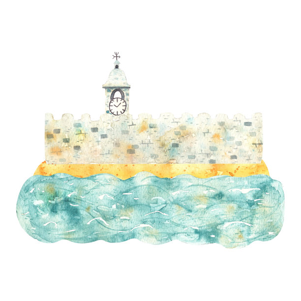 海边沙滩上手绘的带有钟楼的城堡水彩石墙。卡通插图图片下载