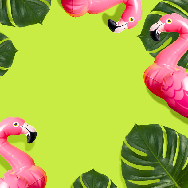 创意夏日海滩概念。充气粉红色迷你火烈鸟和热带叶怪物在绿色的背景下，泳池漂浮派对。平铺复制空间。火烈鸟充气玩具。夏天的背景图片下载