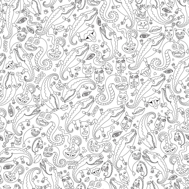 有趣的怪物，猫，狗，鳄鱼，蛇，口红吻。无缝图案，黑白彩色书页，适合成人和儿童图片下载