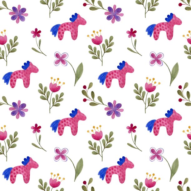 民间风格可爱的马和花孤立在白色背景:无缝模式。图片下载