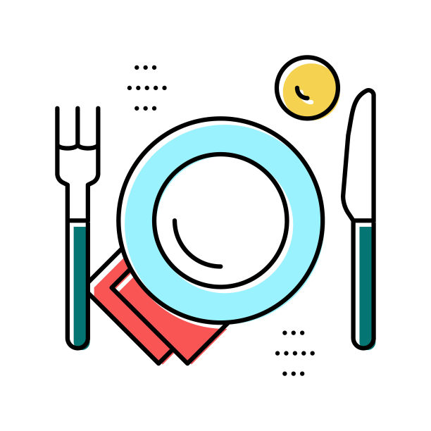 盘子，叉子和刀的器皿颜色图标矢量插图图片下载