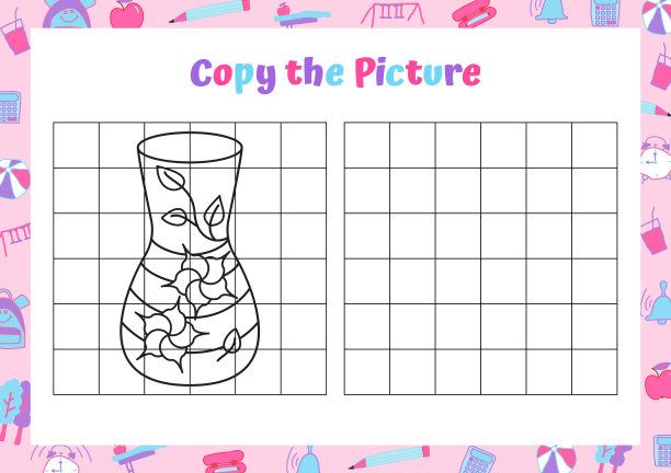 复制图片。带有花卉装饰的花瓶。儿童绘画活动。学龄前儿童的教育游戏。矢量插图。图片下载