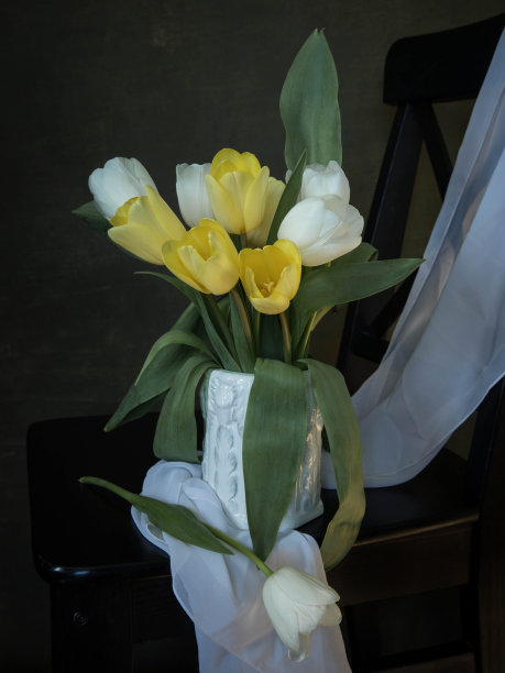 还有黄色和白色的郁金香和紫色的风信子。美术图片。日历照片。图片下载