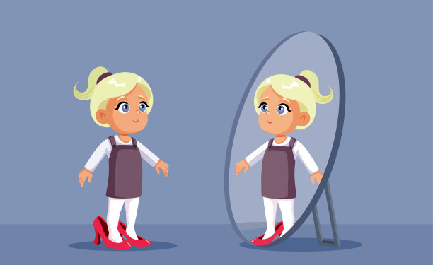 蹒跚学步的女孩试穿高跟鞋矢量卡通插图图片下载