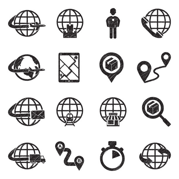 全球物流的图标。黑色涂鸦设计。矢量插图。图片下载