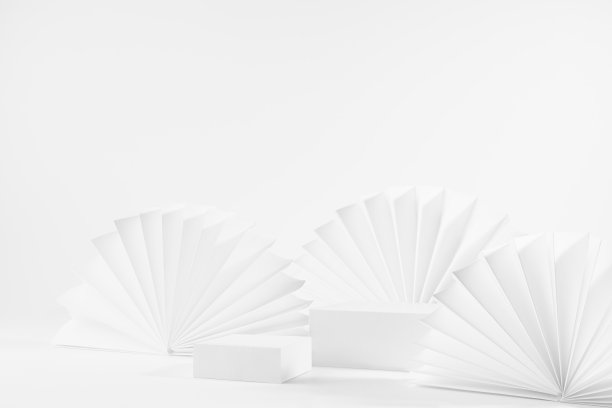 时尚简约的现代亚洲风格场景与两个矩形讲台模型作为展示橱窗，展示化妆品产品，商品与罗纹纸扇装饰，侧视图，角落，3d。图片下载