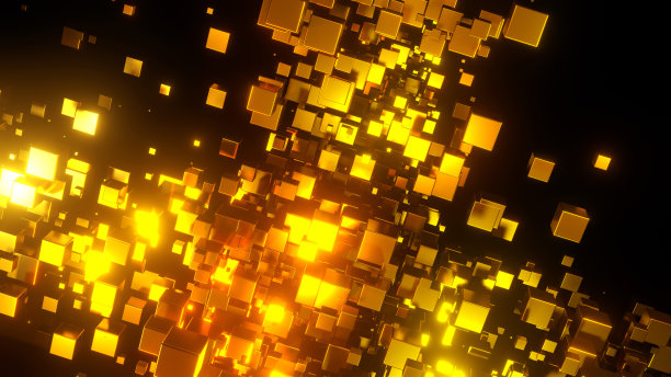 抽象背景3D，许多金色立方体氖金色辉光在黑色图片下载