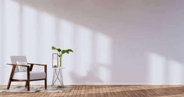 室内设计上有扶手椅空房间日式设计，3D渲染图片下载